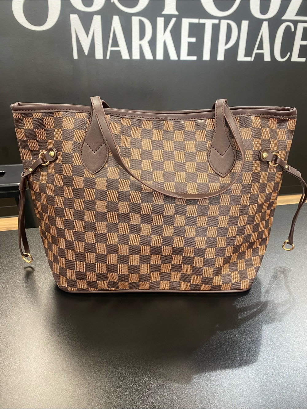 Designer-Style Checkered Tote Bag in Dark Brown